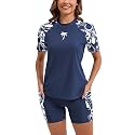 Halcurt Women's 2 Piece Rash Guard Swim Shirts Built in Bra Boyleg Swimsuit
