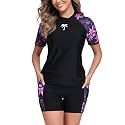 Halcurt Women's 2 Piece Rash Guard Swim Shirts Built in Bra Boyleg Swimsuit