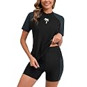 Halcurt Women's 2 Piece Rash Guard Swim Shirts Built in Bra Boyleg Swimsuit