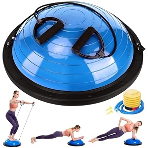 zealty half balance ball trainer half yoga exercise ball with resistance bands and foot pump balance trainer for stability training strength exercise fitness home gym workout equipment blue