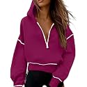 Half Zip Cropped Hoodies Pullover Women Casual Long Sleeve Zipper Hooded Sweatshirts Color Block Cute Sweatshirt