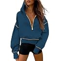 Half Zip Cropped Hoodies Pullover Women Casual Long Sleeve Zipper Hooded Sweatshirts Color Block Cute Sweatshirt