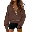 Half Zip Cropped Hoodies Pullover Women Casual Long Sleeve Zipper Hooded Sweatshirts Color Block Cute Sweatshirt