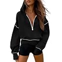 Half Zip Cropped Hoodies Pullover Women Casual Long Sleeve Zipper Hooded Sweatshirts Color Block Cute Sweatshirt