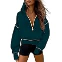 Half Zip Cropped Hoodies Pullover Women Casual Long Sleeve Zipper Hooded Sweatshirts Color Block Cute Sweatshirt