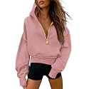 Half Zip Cropped Hoodies Pullover Women Casual Long Sleeve Zipper Hooded Sweatshirts Color Block Cute Sweatshirt