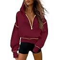Half Zip Cropped Hoodies Pullover Women Casual Long Sleeve Zipper Hooded Sweatshirts Color Block Cute Sweatshirt