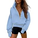 Half Zip Cropped Hoodies Pullover Women Casual Long Sleeve Zipper Hooded Sweatshirts Color Block Cute Sweatshirt