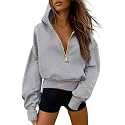 Half Zip Cropped Hoodies Pullover Women Casual Long Sleeve Zipper Hooded Sweatshirts Color Block Cute Sweatshirt