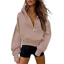 Half Zip Cropped Hoodies Pullover Women Casual Long Sleeve Zipper Hooded Sweatshirts Color Block Cute Sweatshirt