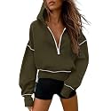 Half Zip Cropped Hoodies Pullover Women Casual Long Sleeve Zipper Hooded Sweatshirts Color Block Cute Sweatshirt