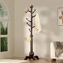 Hall Tree, Freestanding Wood Tree Rack with 7 Hooks, Coat Rack with Stable Sphere Base, Wooden Coat Rack Stand, Load 210 lb, Coat Hanger Stand for Entryway, Hallway, Bedroom (Black-Red)
