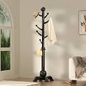Hall Tree, Freestanding Wood Tree Rack with 7 Hooks, Coat Rack with Stable Sphere Base, Wooden Coat Rack Stand, Load 210 lb, Coat Hanger Stand for Entryway, Hallway, Bedroom (Black)