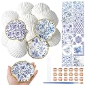 Halloscume 12 Set Large Scallop Shells for Crafts 4''-5'', Blue Floral