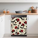 Halloween Bats Refrigerator Magnet Cover,Gothic Red Rose Flower Washable Dishwasher Magnets Decorative Cover,Home Kitchen Decorative Dishwasher Front Panel Cover 23x26 Inch