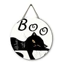 Halloween Black Cat Signs for Front Door Boo Wooden Door Hanger Scary Holiday Hanging Decorations for Wall Porch Outdoor