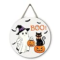 Halloween Boo Door Hanger Ghost and Black Cat Door Sign Holiday Pumpkin Bats Porch Decoration Signs for Front Door Wooden Wreath for Outdoor Decor 12x12 Inch