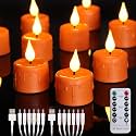 FPOO Halloween Candles Flameless Fake tealight Candle,12 Packs LED Tea Lights Rechargeable Candles with Remote Timer USB Charging, Small Pumpkins Tea Lights, Orange Electric Candle for Fall Décor