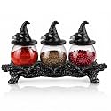 Halloween Crow Witch Hat Glass Spice Jars with Holder for Gothic Home Decor