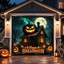 Halloween Garage Door Cover 7 x 8 FT, Pumpkin Garage Door Banner for Outdoor Decorations, Large No-Fade Polyester Garage Buddy Backdrop with Hook and Loop Strips, Bungee Cords, Grommets