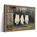 Halloween Ghost Wall Art, Vintage Rustic Cottage Clothesline Ghost Canvas Wall Decor Painting, Gothic Spooky Farmhouse Halloween Artwork Prints Pictures for Bedroom Bathroom 12X16 Inch Wood Framed