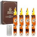 Halloween Orange Flameless Short Taper Candles, Cute Drip LED Battery Operated with Remote, Flickering Flame Lights for Home Décor, 6.7 Inch Primitive Flameless Pumpkin Ghost Print Candles, 4PCS