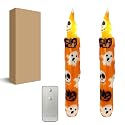 Halloween Orange Flameless Short Taper Candles, Cute Drip LED Battery Operated with Remote, Flickering Flame Lights for Home Décor, 6.7 Inch Primitive Flameless Pumpkin Ghost Print Candles, 2PCS