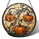 Halloween Orange Pumpkin Vine Leaves Stained Glass Window Hanging Gift 6.3"