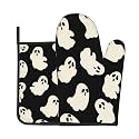 Halloween Oven Mitts and Pot Holders Sets Cute White Ghost Oven Mitts Heat Resistant Spooky Cartoon Kitchen Gloves Hot Pads Two Piece Set for Cooking Baking Grilling BBQ