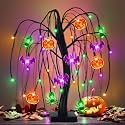 Halloween Table Decor 18 Inch 36 LED Halloween Willow Tree with Pumpkin Bat Spider Lights, Timer/USB/Battery Operated Black Halloween Tree Spooky Halloween Decorations Indoor for Home Party Room Gifts