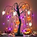 Halloween Table Decorations 18 Inch 36 LED Halloween Willow Tree with Pumpkin Bat Ghost Lights, Timer/USB/Battery Operated Black Halloween Tree Spooky Halloween Decorations Indoor Home Party Room Gift