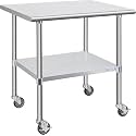 Hally Stainless Steel Table for Prep&amp;Work 30" x 36" with Wheels Commercial