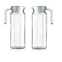 HALO NATION ® 1100 ml Glass Jug Pitcher with Plastic lid, Juice Pitcher Water jug hot Cold Water ice Tea, Milk and Juice Beverage Carafes 1.1 LTR, Carafe with Handle Transparent