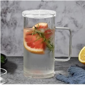halo nation bedside carafe glass mug with lid borosilicate glass drinking cup with lid - pack of 1 380ml