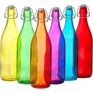 halo nation flip top glass water bottle - swing top lid water bottle with stopper for fridge bottle oil vinegar beer water soda airtight lid amp leak proof cap -1liter colored bottle pack of 6