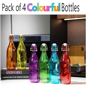 halo nation flip top glass water bottle - swing top lid water bottle with stopper for fridge bottle oil vinegar beer water soda airtight lid amp leak proof cap -1liter colored bottle pack of 4