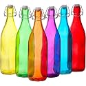 HALO NATION® Flip Top Glass Water Bottle - Swing Top Lid Water Bottle with Stopper for Fridge Bottle, Oil, Vinegar, Beer, Water, Soda, Airtight Lid &amp; Leak Proof Cap -1Liter Colored Bottle Pack of 6