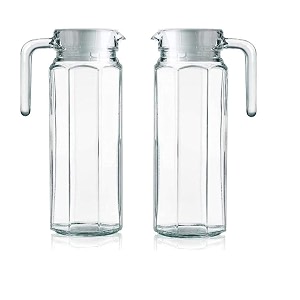 halo nation  pack of 2 1100 ml glass jug pitcher with plastic lid juice pitcher water jug hot cold water ice tea milk and juice beverage carafes 11 ltr each carafe with handle transparent