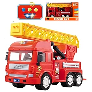 halo nation unbreakable big size fire fighter truck - friction powered realistic rescue toy with light and sound for kids - 6-wheel ladder truck