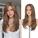 Haloo Auburn Wig with Curtain Bangs - Lace Front Hairline Middle Part Long Layered Natural Looking Straight Synthetic Hair Wigs for Women Daily Party, 24 Inch Medium Auburn