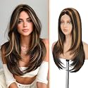 Haloo Black Wig with Curtain Bangs - Lace Front Hairline Middle Part Long Layered Natural Looking Straight Synthetic Hair Wigs for Women Daily Party, 24 Inch Black Highlighted Auburn