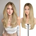 Haloo Blonde Wig with Curtain Bangs - Lace Front Hairline Middle Part Long Layered Natural Looking Straight Synthetic Hair Wigs for Women Daily Party, 24 Inch Ombre Blonde