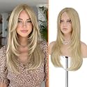 Haloo Blonde Wig with Curtain Bangs - Lace Front Hairline Middle Part Long Layered Natural Looking Straight Synthetic Hair Wigs for Women Daily Party, 24 Inch Dirty Blonde