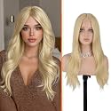 Haloo Blonde Wigs with Curtain Bangs - Lace Front Hairline Middle Part Long Layered Natural Looking Wavy Hair Synthetic Women Wig for Daily Party, 22 Inch