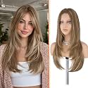 Haloo Brown Blonde Wig with Curtain Bangs - Lace Front Hairline Middle Part Long Layered Natural Looking Straight Synthetic Hair Wigs for Women Daily Party, 24 Inch Brown Mixed Blonde