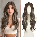Haloo Brown Wigs with Curtain Bangs - Lace Front Hairline Middle Part Long Layered Natural Looking Wavy Hair Synthetic Women Wig for Daily Party, 22 Inch Brown Mixed Grey Highlight