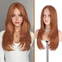 Haloo Copper Wig with Curtain Bangs - Lace Front Hairline Middle Part Long Layered Natural Looking Straight Synthetic Hair Wigs for Women Daily Party, 24 Inch Copper Red