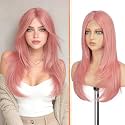 Haloo Pink Wig with Curtain Bangs - Lace Front Hairline Middle Part Long Layered Natural Looking Straight Synthetic Hair Wigs for Women Daily Party, 24 Inch