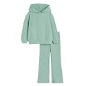 Haloumoning Girls 2 Pieces Outfits Ribbed Knit Hoodies Flare Pants Sweatshirts and Sweatpants Kids Tracksuits 4-14 Years