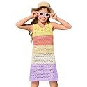Haloumoning Girls Color Block Crochet Knit Swim Cover up Kids Summer Sleeveless Beach Dress 5-14 Years